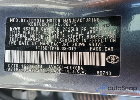 2013 Toyota Camry Hybrid из США, поврежденный, VIN 4T1BD1FK4DU089349